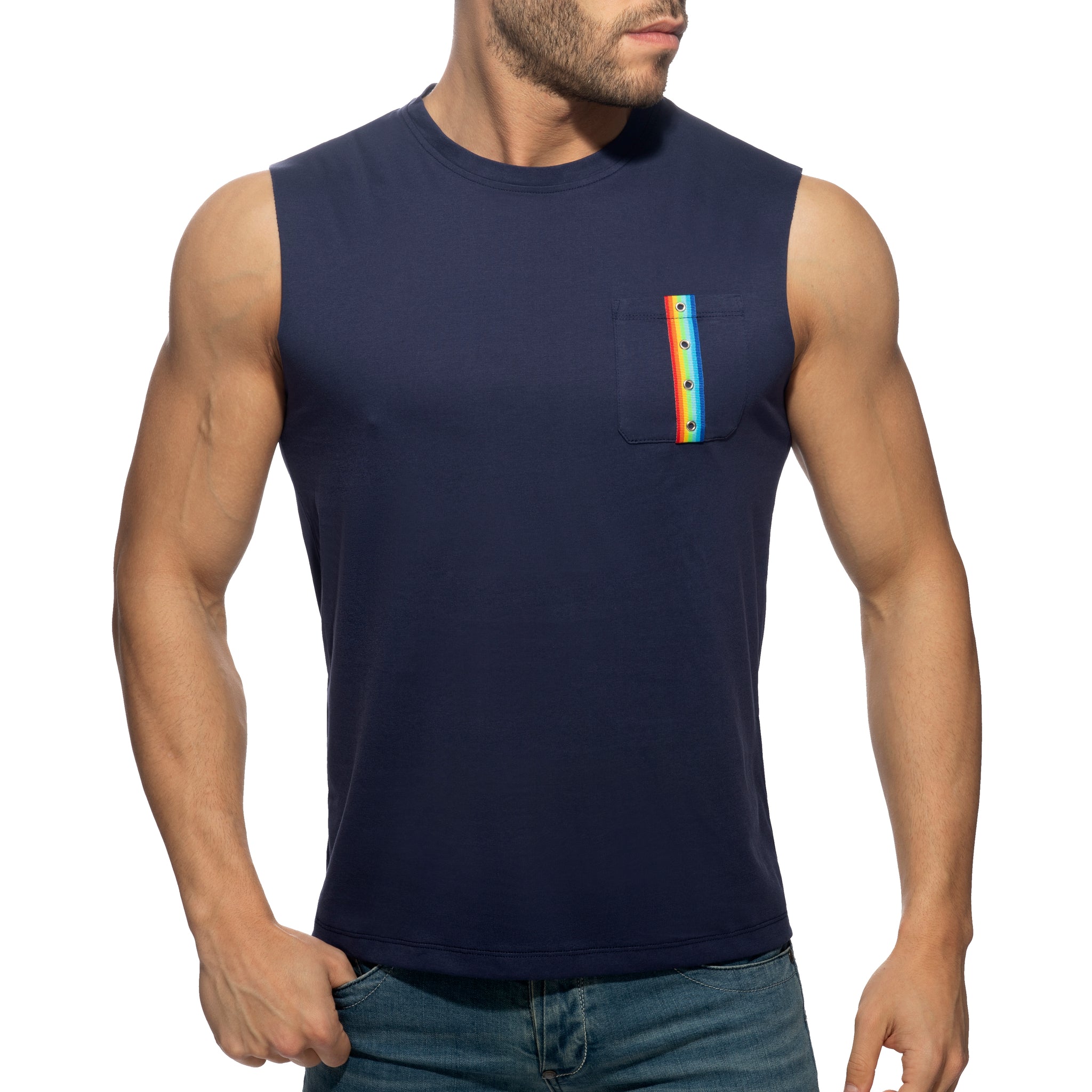 Addicted Rainbow Tape Tank Top Navy AD992