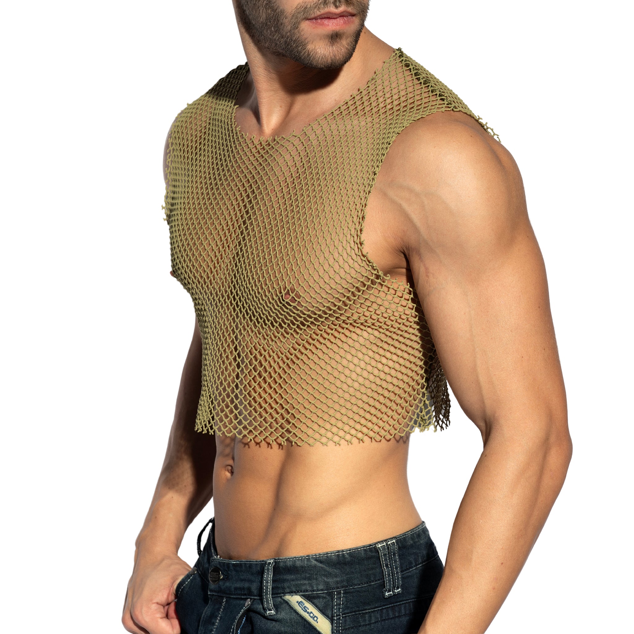 ES Collection Beachy Net Midriff Crop Top Khaki TS338