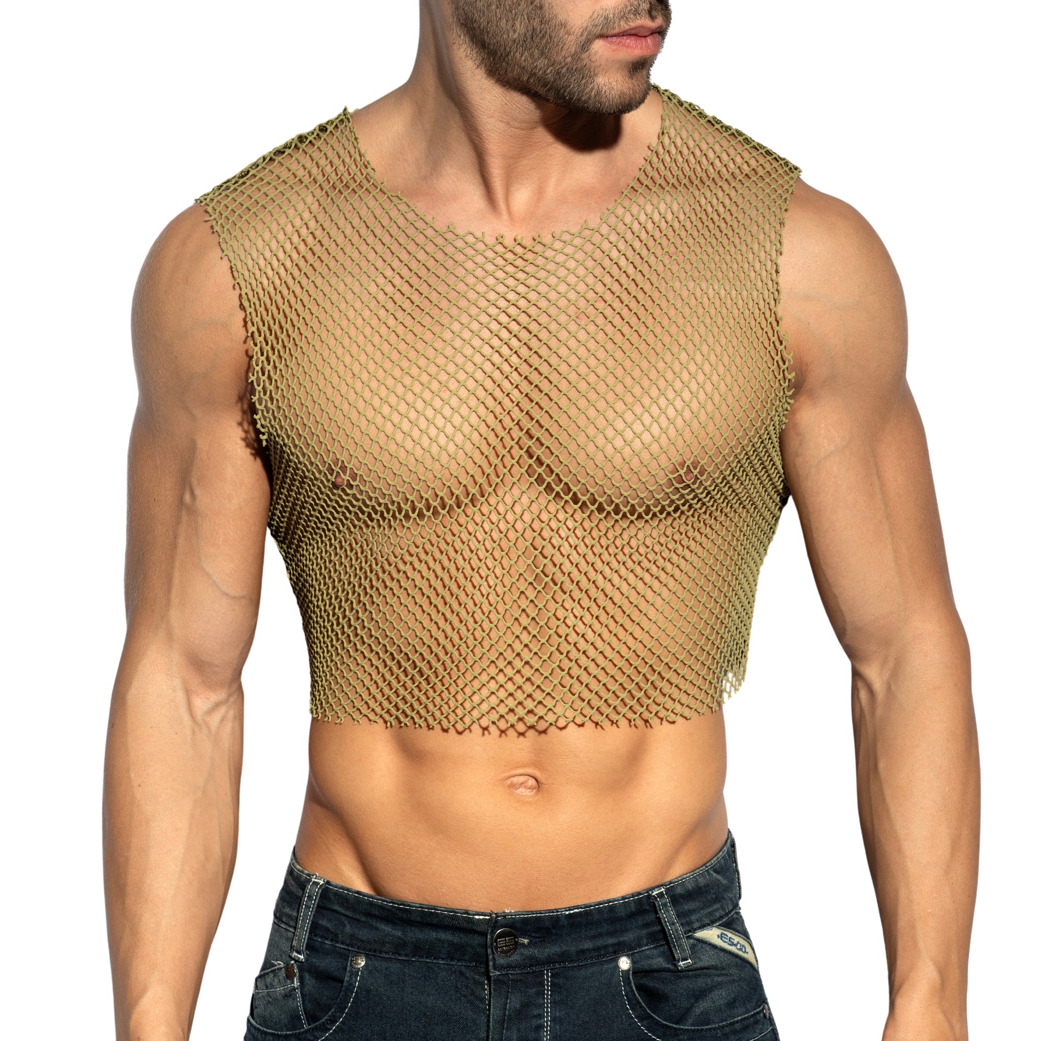 ES Collection Beachy Net Midriff Crop Top Khaki TS338