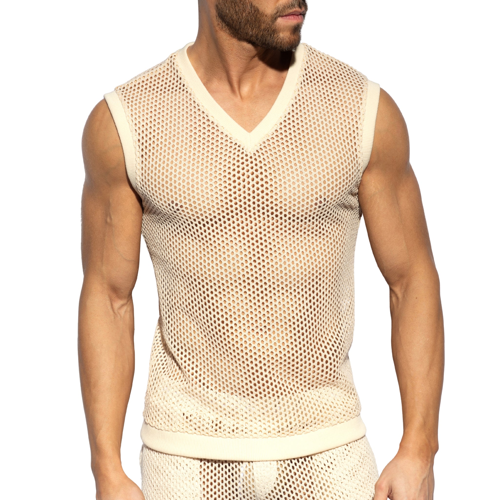 ES Collection Raw Crochet V-Neck Tank Top Beige TS350