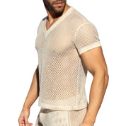ES Collection Raw Crochet V-Neck T-Shirt Beige TS351