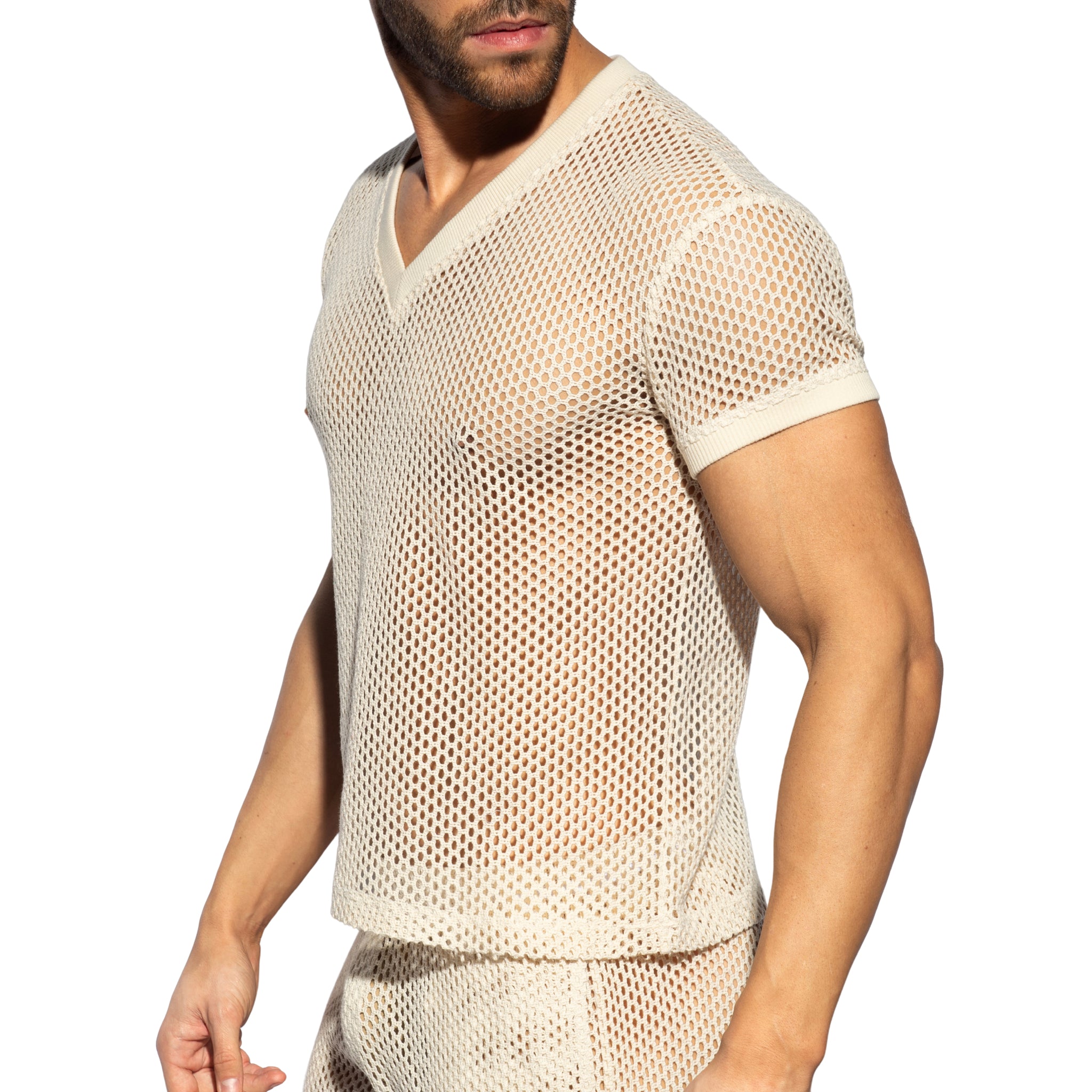 ES Collection Raw Crochet V-Neck T-Shirt Beige TS351