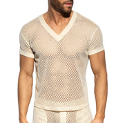 ES Collection Raw Crochet V-Neck T-Shirt Beige TS351