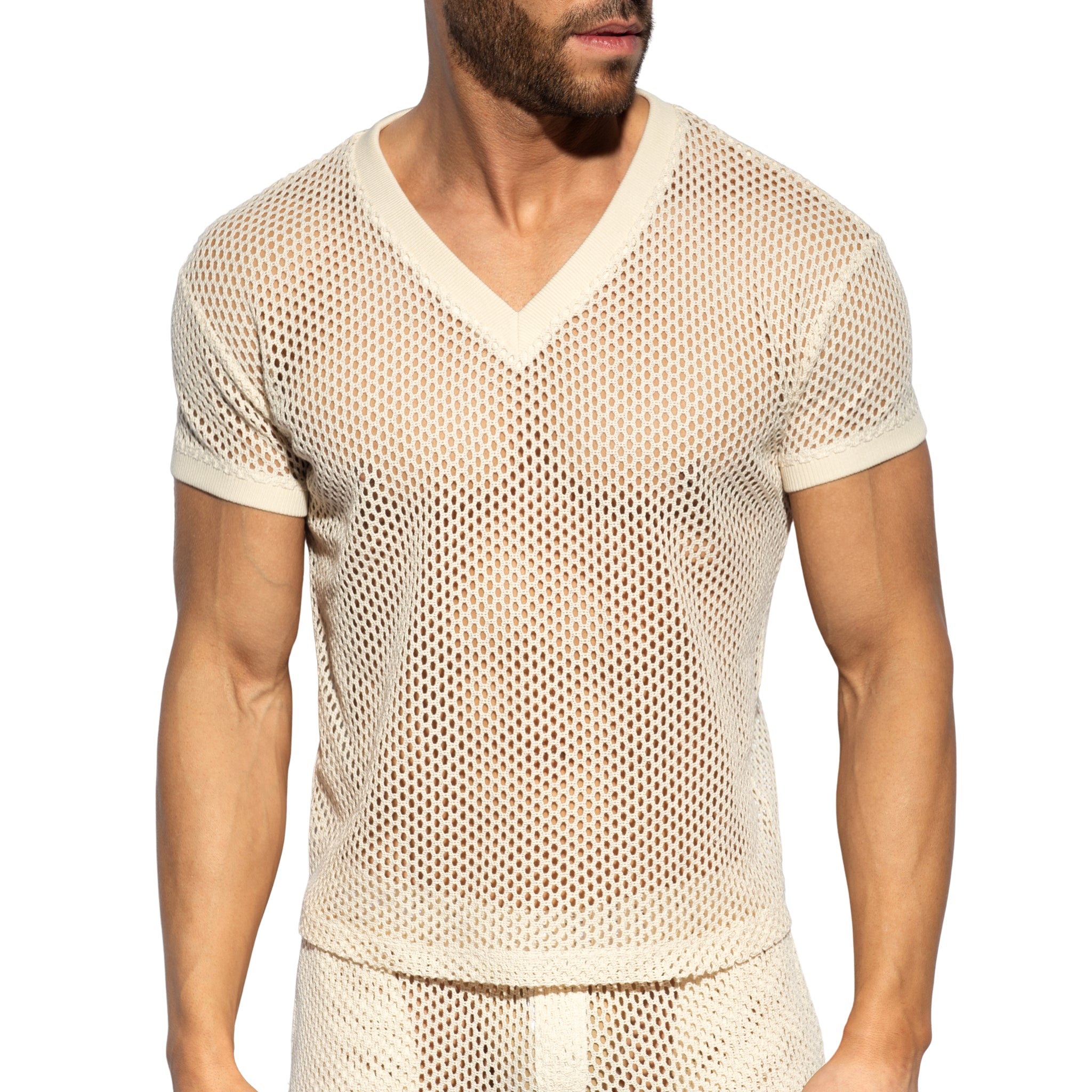 ES Collection Raw Crochet V-Neck T-Shirt Beige TS351