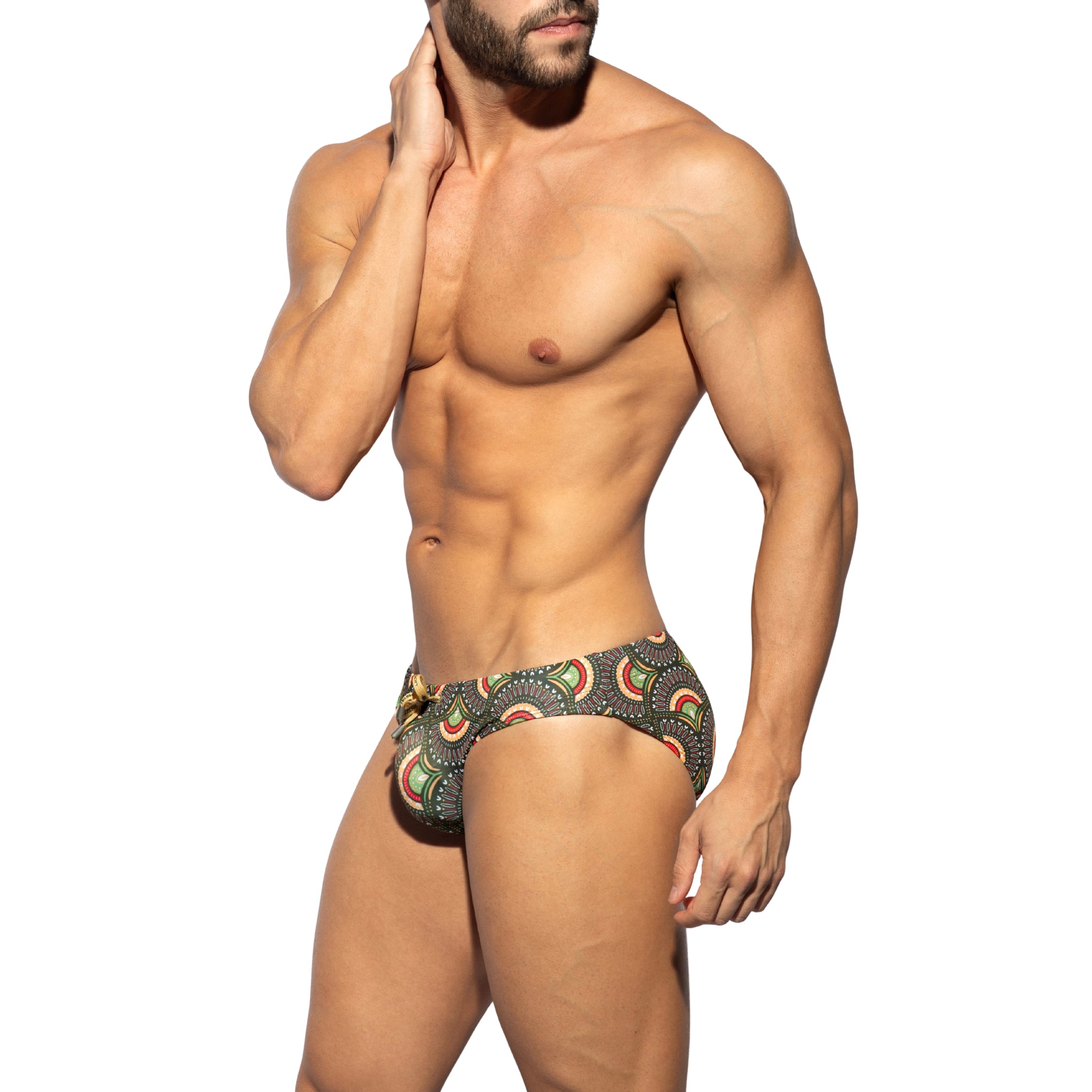ES Collection Peacock Print Swim Brief Khaki 2604