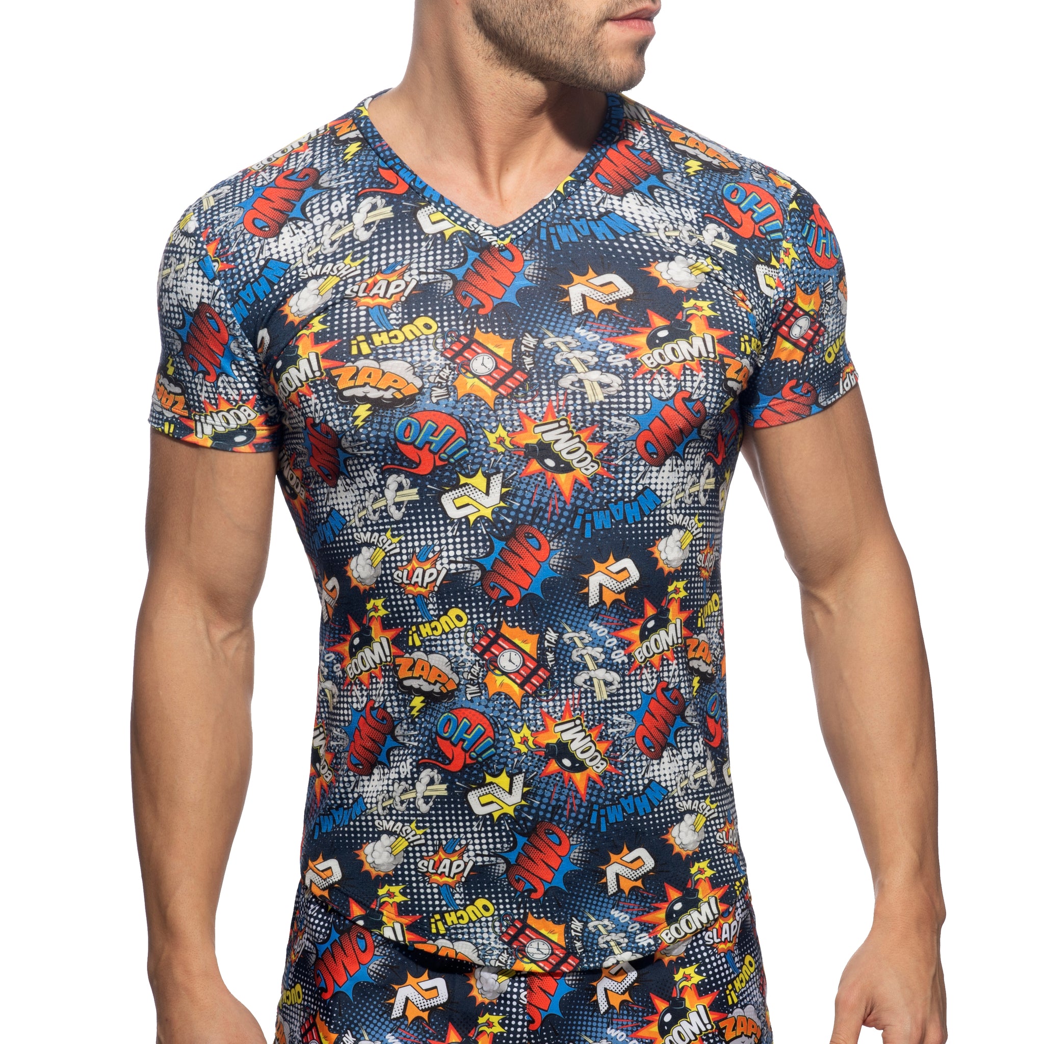 Addicted Comic V Neck T-Shirt Navy AD1086