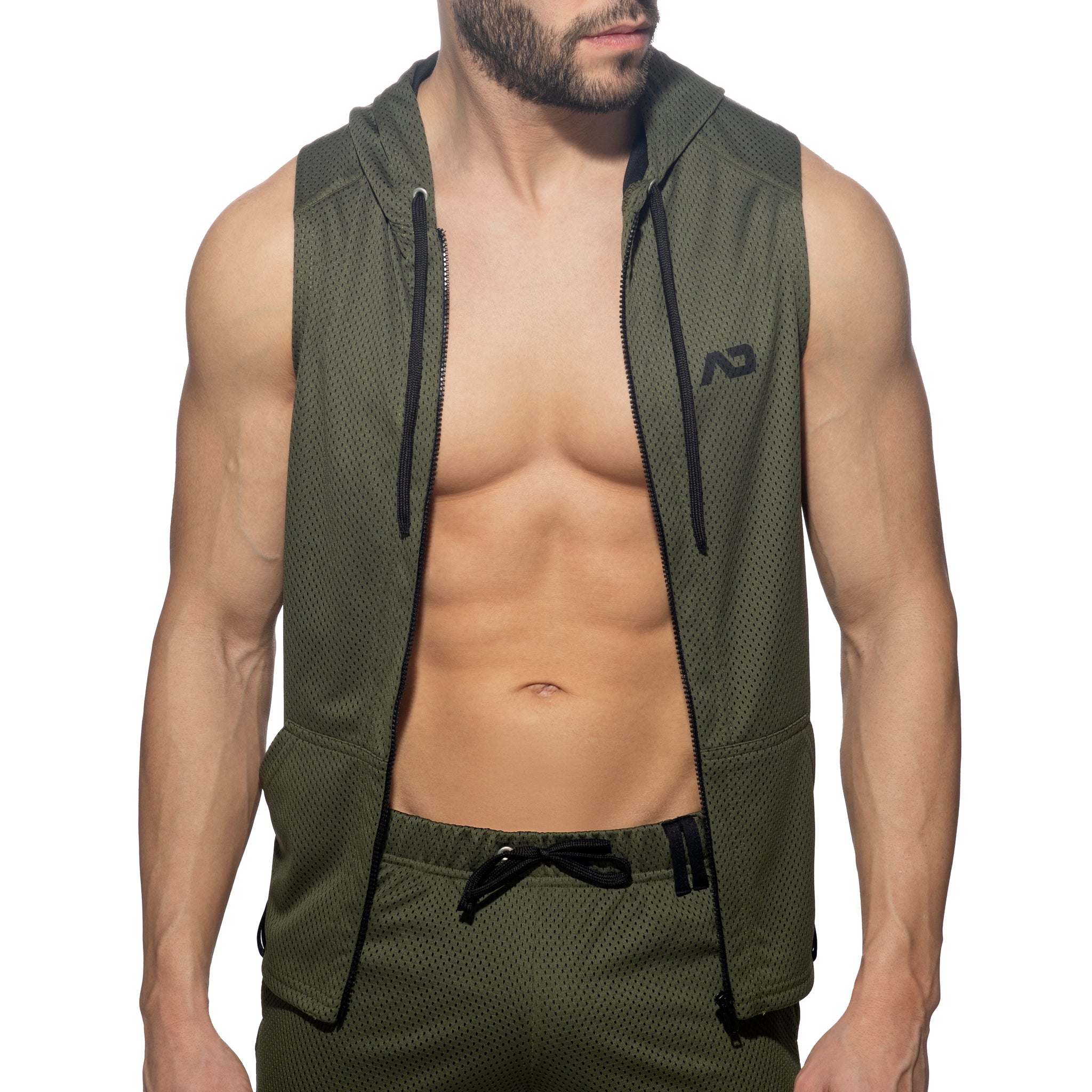 Addicted Sleeveless Loop-Mesh Hoody Khaki AD355