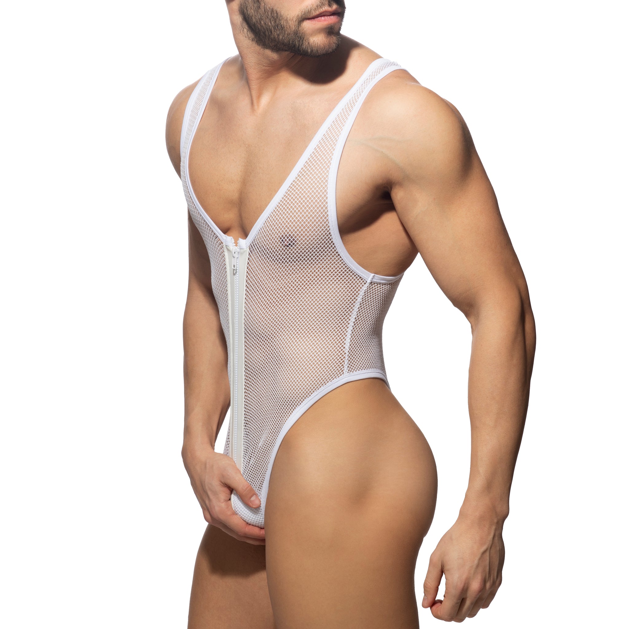 AD Fetish Zip Mesh Bodysuit Thong White ADF151