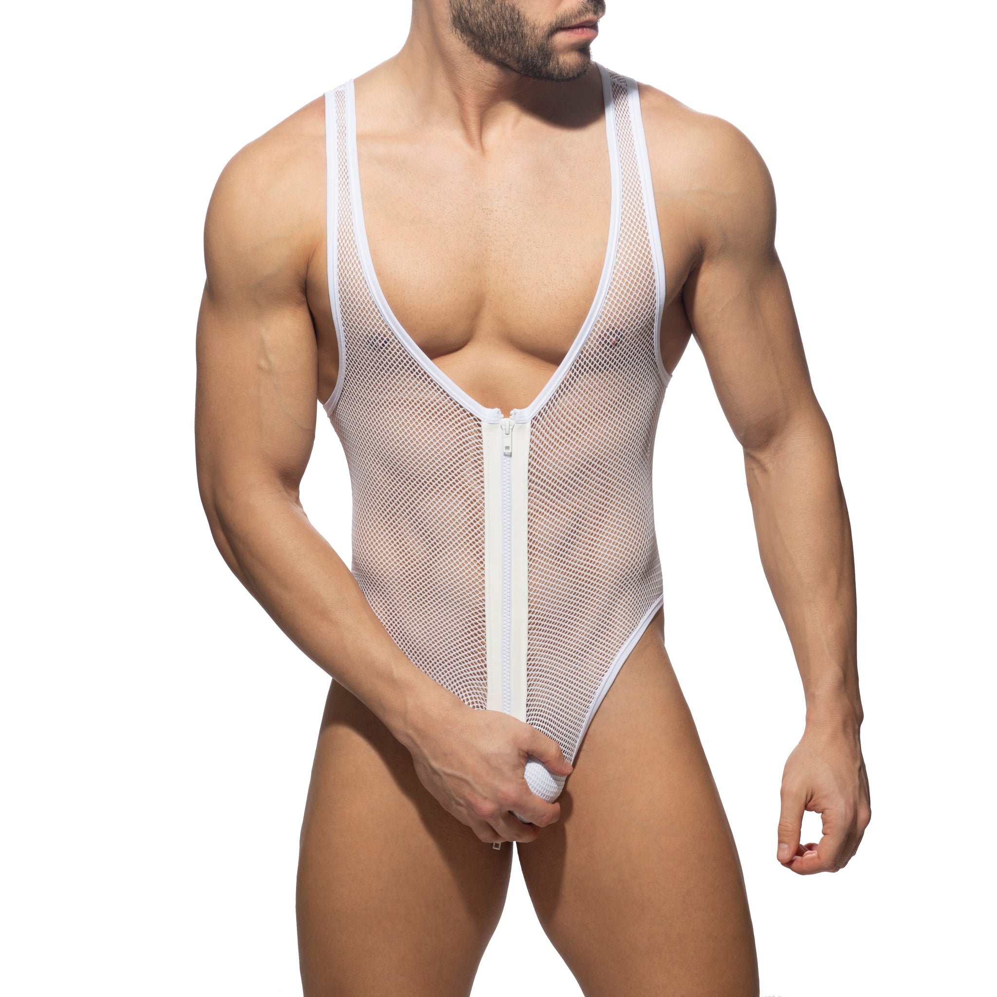 AD Fetish Zip Mesh Body Suit White ADF156