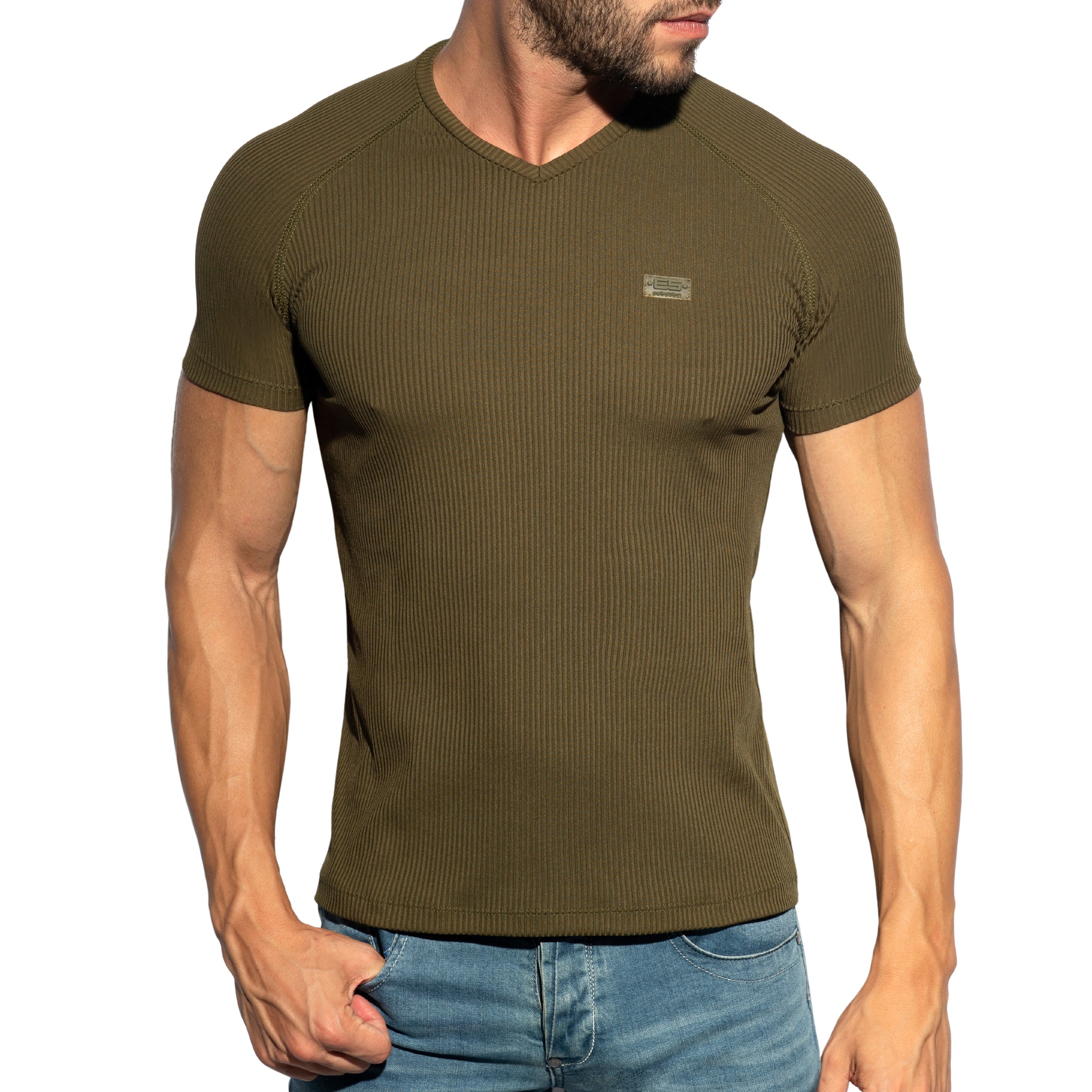 ES Collection Recycled Rib V-Neck T-Shirt Khaki TS299