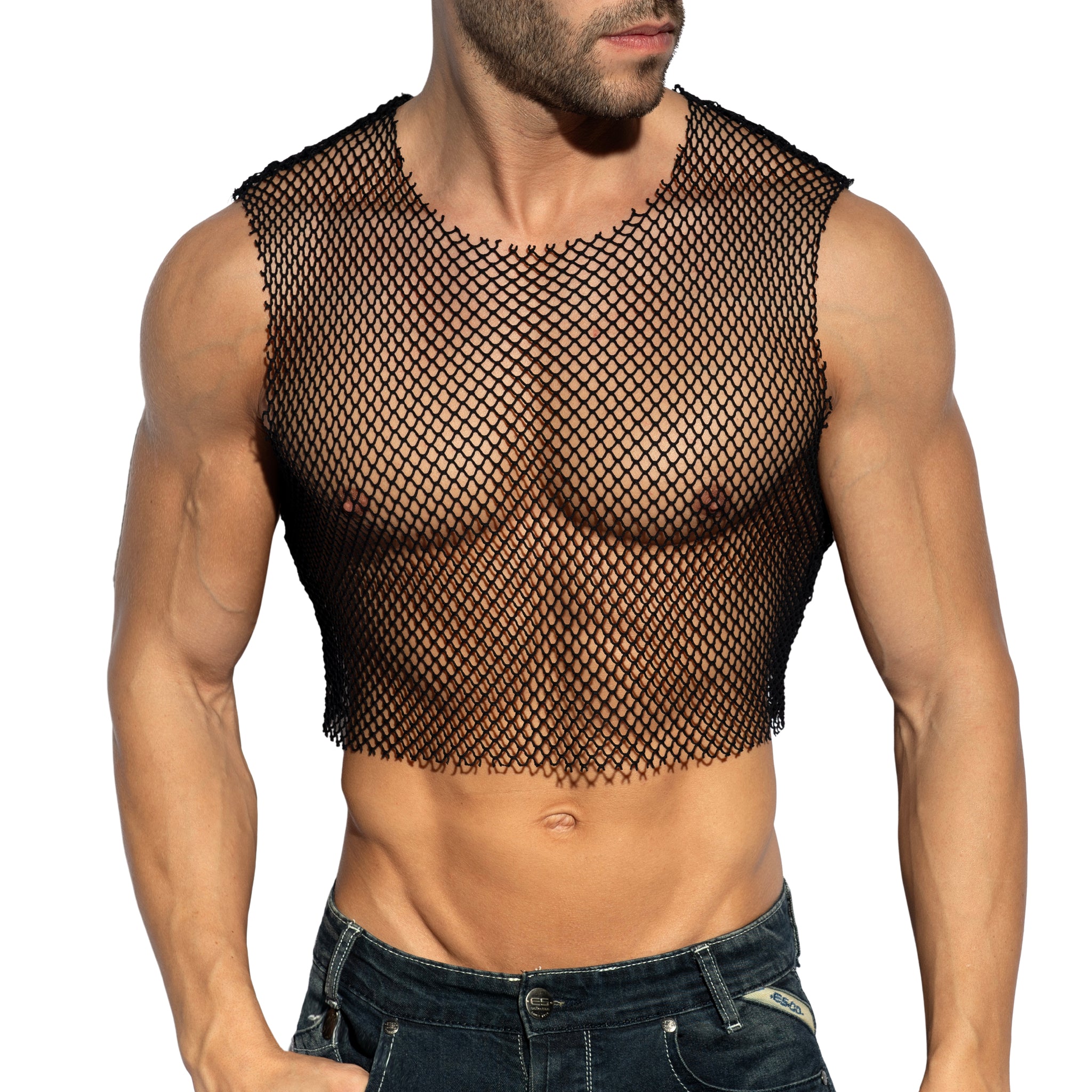 ES Collection Beachy Net Midriff Crop Top Black TS338